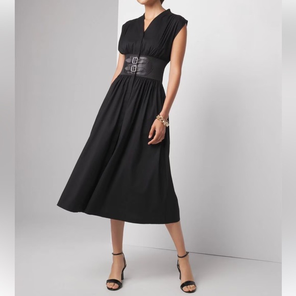 NEW WHBM $180 Elegant Black Midi Dress cap sleeves belted poplin dress size 18 - Picture 3 of 12